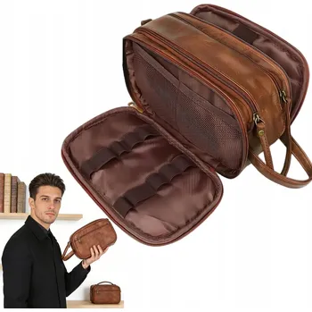 Kosmetická taška Pánská kosmetická taška z PU kůže, cestovní kosmetická taška na zip, hnědá