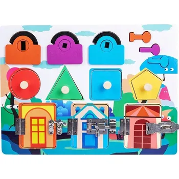 Dřevěná hračka DŘEVĚNÁ SENZORICKÁ TABULE SE ZÁMKY PRO ROZVOJ DĚTSKÉ MOTORIKY