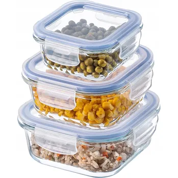 Dóza na potraviny SADA SKLENĚNÝCH DÓZ NA POTRAVINY S VÍKEM KRABIČKA ČTVERCOVÁ BOX 3 ks