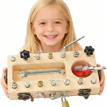 Dřevěná hračka Montessori tabule Busy, dřevěná tabule s nastavitelným šroubovákem