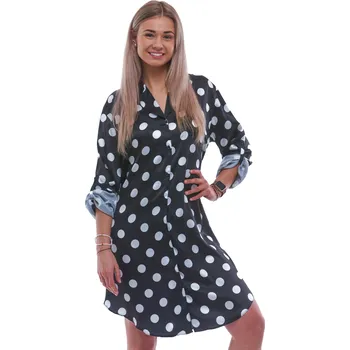 Dámská noční košile Černá a bíle puntíkatá elegantní košilka s límečkem ze saténu je celopropínací na knoflíky 1XL-3XL 1E8527 černá l