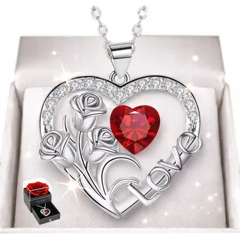 Náhrdelník NASZYJNIK SREBRNY Řetízek Zawieszka Serce s růží Zirkon jako Dárek