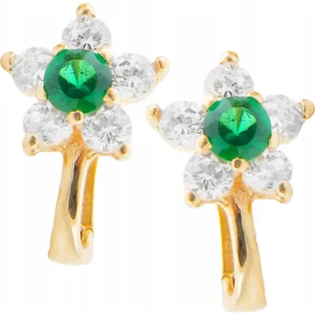 Náušnice Zlaté dětské náušnice 585 pro holčičku, smaragdové kytičky, jako dárek