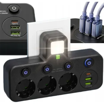 Elektrická zásuvka Nástěnná Zásuvka Rozbočovač 3x 230V 2x USB USB-C Černá s Nočním Světlem 2500W