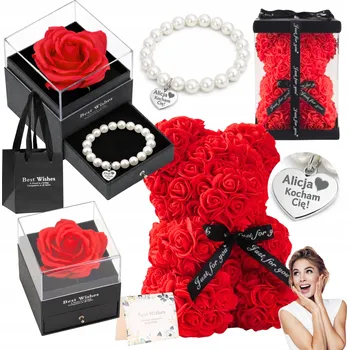 Obraz Dárek k Valentýnu Krabička s Věčnou růží a Medvídek z růžových okvětních lístků Pro Ni