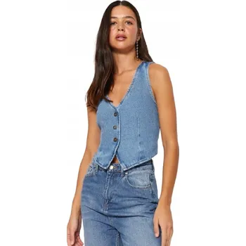 Dámská vesta TRENDYOL DŽÍNOVÁ VESTA DÁMSKÁ S KNOFLÍKY MODRÁ