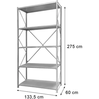 Dílenský regál Kovový kladový regál STOW, 5policový, pozinkovaný, základní modul, výška 275 cm, délka 133,5 cm, hloubka 60 cm