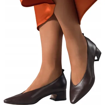 Dámské lodičky Lodičky Čokoládové Kožené Dámské Pohodlné Nízký Blok s Výřezem vel. 39