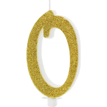 PARTYDECO Dortová svíčka se zlatým třpytem, číslo – 0