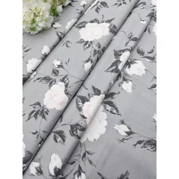 Látka 100% bavlna - bílé růže na šedé