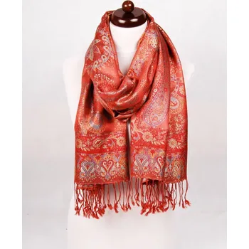 Šála Hedvábná šála Super velká terakotová s červenou
