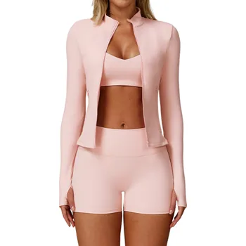 Dámská mikina Dámská sportovní souprava s mikinou, kratasy a sportovní podprsenkou, nylon, spandex, jednobarevná, ideální pro fitness a volný čas, pohodlná a stylová růžová L