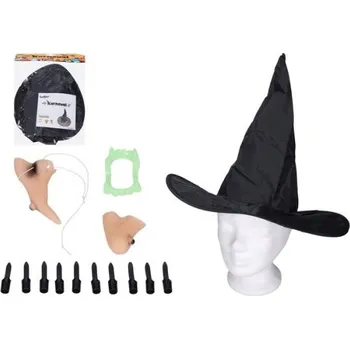 Karnevalový doplněk Sada čarodějnice plast nos, brada, prsty, klobouk, zuby v sáčku 22x28cm karneval