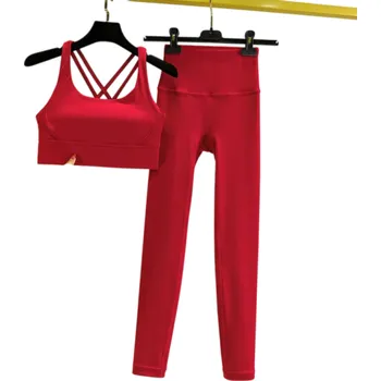 Dámské legíny Dámská souprava legíny a sportovní podprsenka, jednobarevné, spandex, nylon červená S