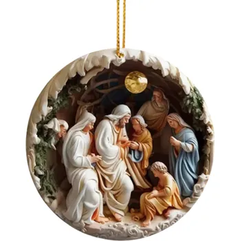 2D akrylová vánoční kulatá dekorace Betlém 8 x 8 cm Závěsná ozdoba Narození Ježíška Vánoční dekorace na stromeček interiér exteriér dárek