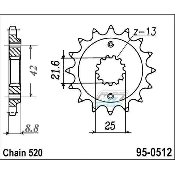 Kolečko řetězové (pastorek) 95-0512-16zubů MTZ - Kawasaki BJ Estrella 250 + GPZ400 + ZX400 + EN500 Vulcan + EN500 Vulcan 500 Ltd + GPZ500S + KLE500 + ZR550 Zephyr + ER500 + Suzuki RG400EW + SV400 + Ya KAWASAKI ZXR 400 1988-2002