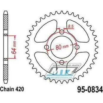 Rozeta ocelová (převodník) 0834-48zubů MTZ - Yamaha FS1E + FS80SE + PW80 + PW80-Zinger + LB50 Chappy + RD50MX + RD80MX + RT100 + TTR50E + TTR90 + TTR110E + V50 + V70 + V75 + V80 + V90 + YB100 95-0834-48