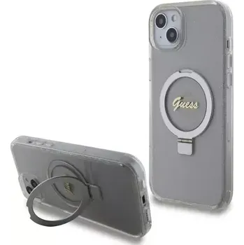 Pouzdro na mobilní telefon GUESS IML Ring Stand Glitter MagSafe Zadní Kryt pro Apple iPhone 15 Plus transparentní (3666339156619)