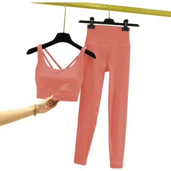 Dámské legíny Dámská souprava legíny a sportovní podprsenka, jednobarevné, spandex, nylon růžová XS