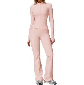 Dámská mikina Dámská sportovní souprava s mikinou na zip a kalhotami, jednobarevná, nylon, spandex, pohodlná a stylová pro fitness a volný čas růžová L