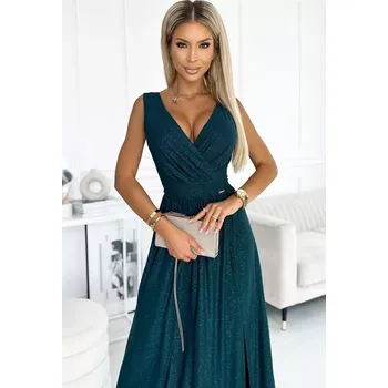 Dámské šaty 467-1 LOUISE brokátové dlouhé šaty s výstřihem a rozparkem na nohou - BUTTER GREEN M