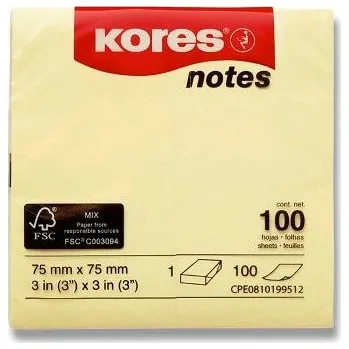 Samolepící bloček Samolepicí bloček Kores - žlutý - 75 × 75 mm, 100 listů