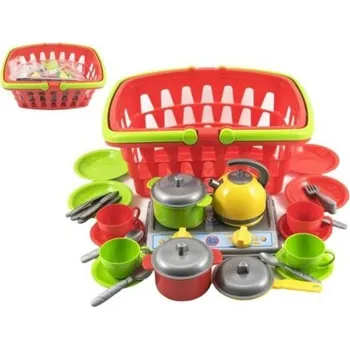 Dětská kuchyňka Nákupní košík plast + sada nádobí s vařičem v sáčku