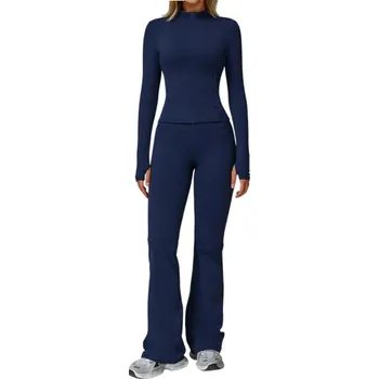 Dámská mikina Dámská sportovní souprava s mikinou na zip a kalhotami, jednobarevná, nylon, spandex, pohodlná a stylová pro fitness a volný čas tmavě modrá S