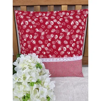 Povlak na polštářek Povlak na polštář 40 x 40 cm – Velikonoční vajíčka na červené a krajkou | Ruční výroba z bavlny