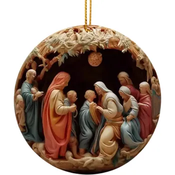 2D akrylová kulatá dekorace Betlém 8 x 8 cm Závěsná vánoční placka Narození Ježíška Ozdoba interiéru i exteriéru Dárek dekorace