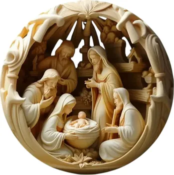 2D akrylová kulatá dekorace 8 x 8 cm Betlém závěsná placka Ježíšek Panna Marie Sv. Josef Tři králové Vánoční ozdoba do interiéru i exteriéru