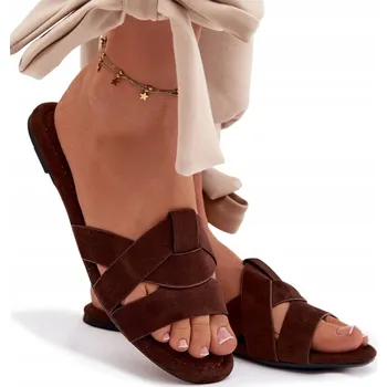 Dámské pantofle NAZOUVÁKY DÁMSKÉ EKO SEMIŠOVÉ PLOCHÉ S PÁSKY ČOKOLÁDOVÉ 38