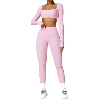 Dámské legíny Dámská souprava legíny a crop top s dlouhým rukávem, jednobarevné, spandex, nylon růžová S