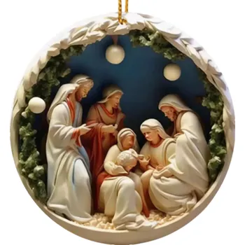 2D akrylová kulatá dekorace betlém 8 x 8 cm Závěsná placka s motivem narození Ježíška Vánoční ozdoba interiér exteriér dárek