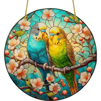 2D akrylová závěsná dekorace 8 x 8 cm Dvě barevné andulky na větvi Plastová vitráž Barevná placka Ozdoba interiéru i exteriéru Dárek