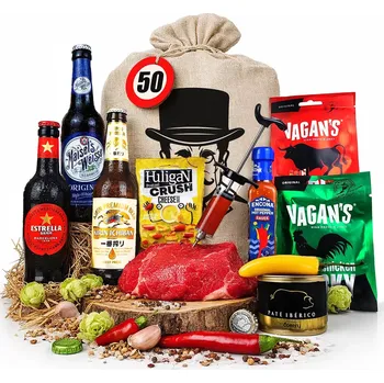 Dárkový potravinový koš Pivní dárkový koš pro muže v podobě dárkového pytle | Pivní dárek pro muže v pytli s visačkou