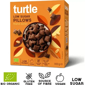Turtle Bio Cereální čoko polštářky s arašídovým máslem a minimem cukru 300 g poškozený obal