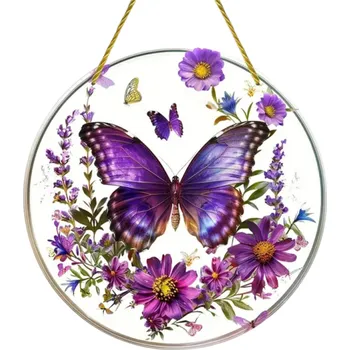 2D kulatá akrylová dekorace Motýl a květiny Fialový design Závěsná okrasná placka Elegantní kreslená ozdoba do interiéru i exteriéru