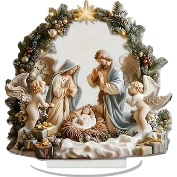 2D akrylová vánoční dekorace s podstavcem 13 x 17 x 18 cm Betlém Narození Ježíška Andělé Panna Marie Svatý Josef Zlatá hvězda stolní dárek