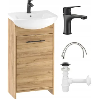 Koupelnový nábytek Sada koupelnová skříňka dub zlatý 45 cm s umyvadlem, černou baterií a sifonem