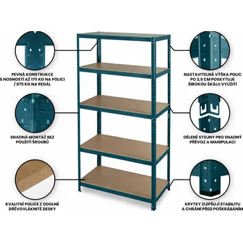 Dílenský regál MEGA HIT: Regál 180x90x40 cm lakovaný 5-policový, nosnost 875 kg - ZELENÝ - British Green Racing Porsche Chrono Packet