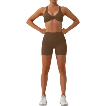 Dámské kraťasy Dámská souprava kraťasy a sportovní podprsenka, jednobarevné, spandex, nylon hnědá S
