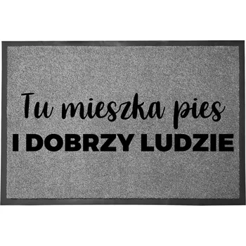Rohožka VCHODOVÁ ROHOŽKA ŠEDÁ 40X60 KE DVEŘÍM S HUMOREM PES A DOBŘÍ LIDÉ
