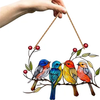 2D akrylová závěsná dekorace Čtyři ptáčci na větvi Kulatá vitrážová dekorace Barevné světelné odlesky Celoroční interiér exteriér
