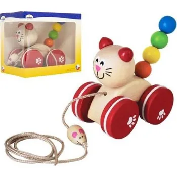 Hračka pro nejmenší Kočka/Kočička tahací s myškou dřevo v krabičce 13x11x8cm 12m+