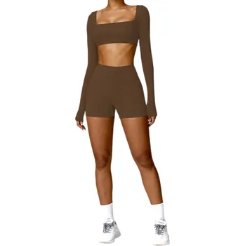 Dámské kraťasy Dámská souprava kraťasy a crop top s dlouhým rukávem, jednobarevné, spandex, nylon hnědá L