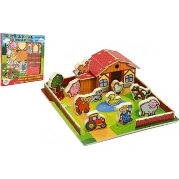 Dřevěná hračka Domeček dřevěná farma Moje první zvířátka 31x31cm 28ks+podložka v krabici MPZ