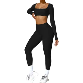 Dámské legíny Dámská souprava legíny a crop top s dlouhým rukávem, jednobarevné, spandex, nylon černá L