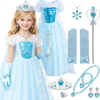 Karnevalový kostým ŠATY KOSTÝM ELZA ELSA BALOVÁ LEDOVÉ KRÁLOVSTVÍ SADA KORUNA ŽEZLO 128 134 CM