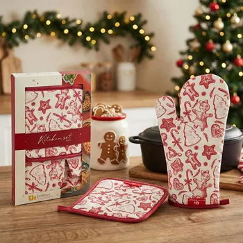 Chňapka Sada kuchyňských rukavic a chňapek vánoční EXCELLENT HOUSEWARE bílý červený vzor 4 ks